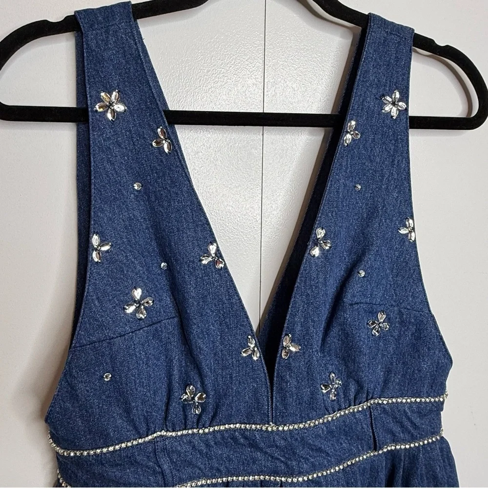 Free People Aultry Embellished Mini Dress Denim Rhinestones Small NWT - Picture 3 of 10